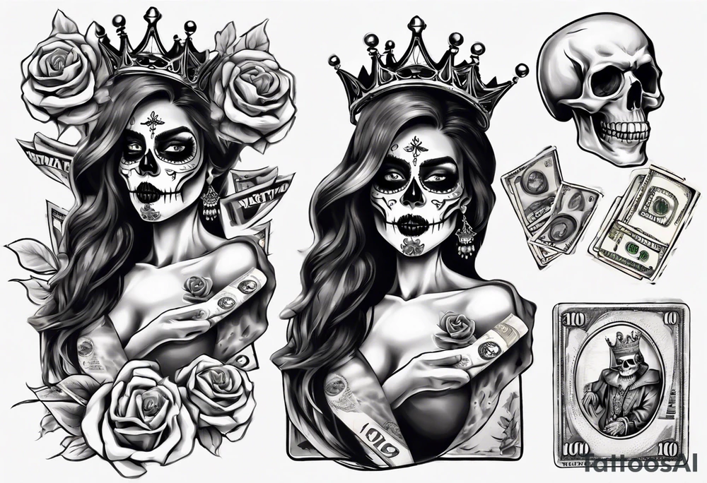 santa la muerta with money and crown
on the card tattoo idea