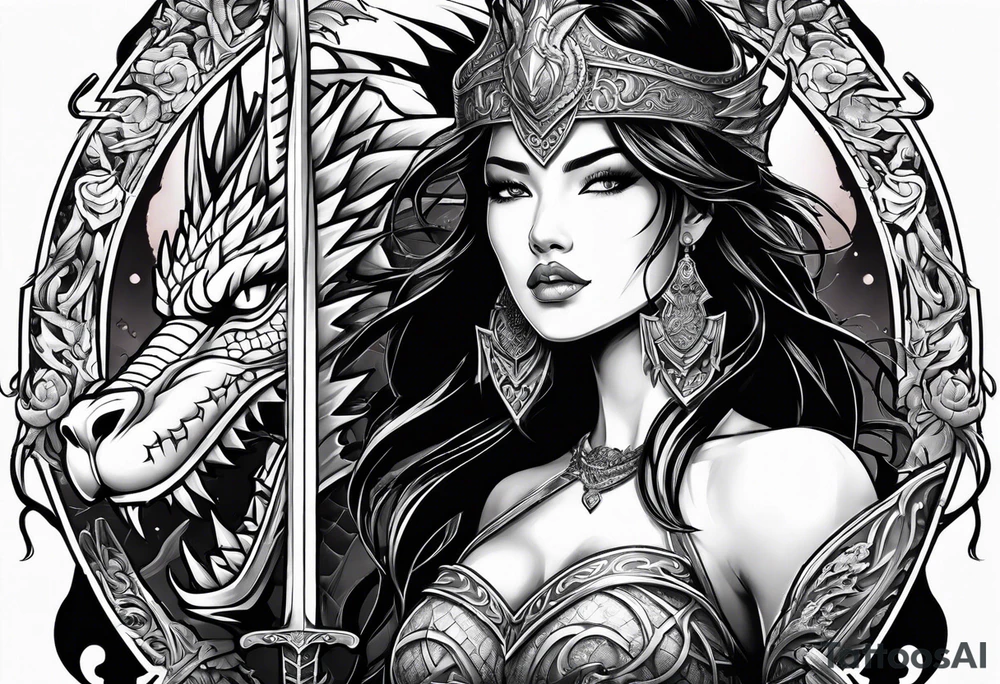 warriors princess with swords and a dragon partner tattoo idea