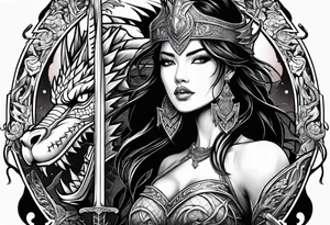 warriors princess with swords and a dragon partner tattoo idea