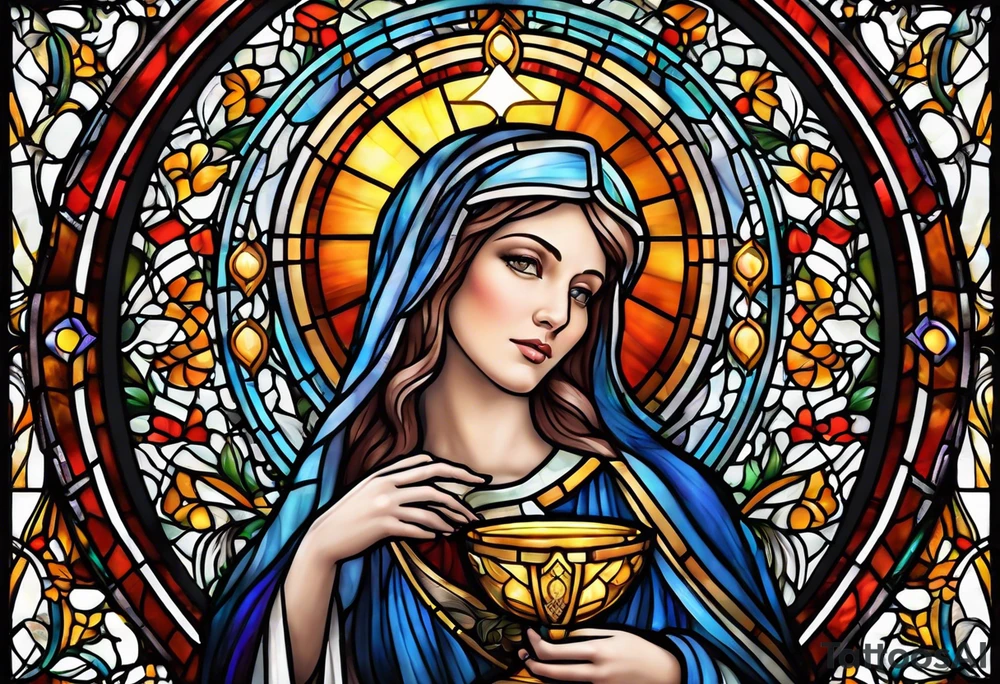 holy saint woman with halo stained glass holding a chalice tattoo idea