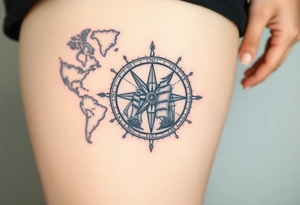 antique compass rose overlaid on weathered world map with sailing ships tattoo idea