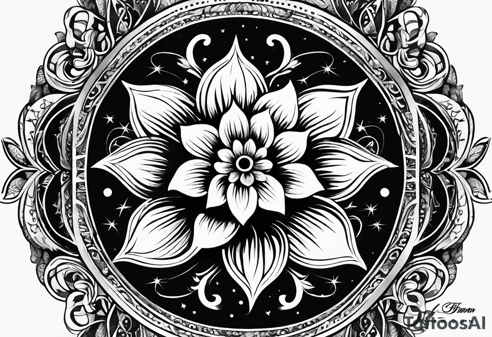A eternal love flower, name “Samson” in cursive, with moon phases and stars tattoo idea