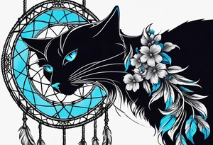 Black cat entwined in a elegant dream catcher that has flowers an long flowing feathers on dream catcher. Black cat eyes in neon blue an small neon blue detail in catcher tattoo idea