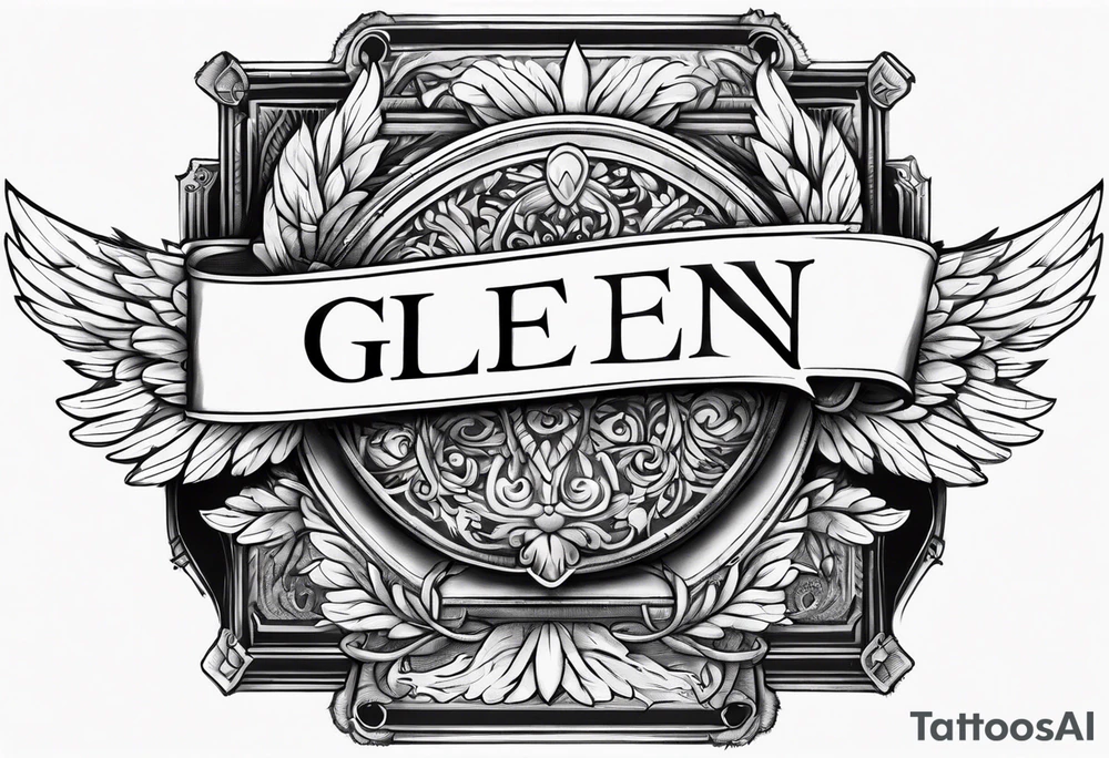 The word Glenn on a banner with angel Wings tattoo idea