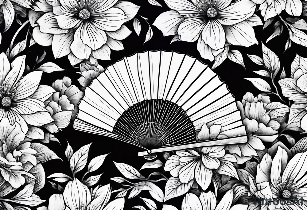 All Black Japanese fan with flowers behind it tattoo idea