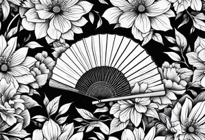 All Black Japanese fan with flowers behind it tattoo idea