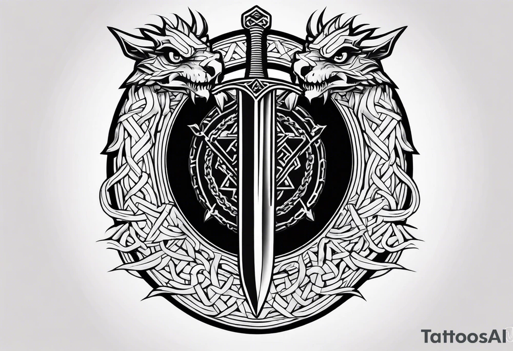 Valhalla sword shield dragon axe Valknut barbed wire chains tattoo idea Valhalla sword shield dragon axe Valknut barbed wire chains tattoo idea