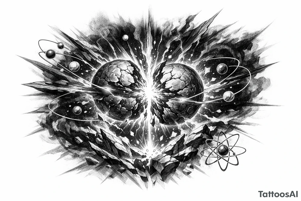 Abstract representation of nuclear fission with glowing particles and dark energy. tattoo idea