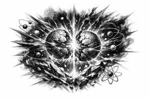 Abstract representation of nuclear fission with glowing particles and dark energy. tattoo idea