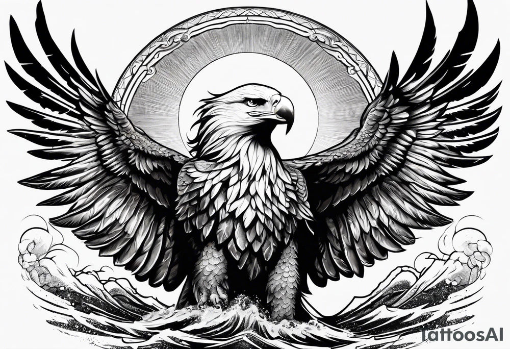 Eagle holding a lion flying over the sea tattoo idea