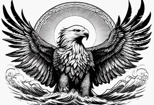 Eagle holding a lion flying over the sea tattoo idea