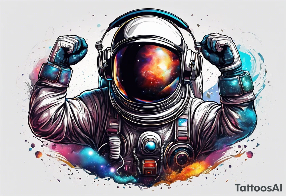 Astronaut emerging from the universe with boxing gloves and headphones pn tattoo idea