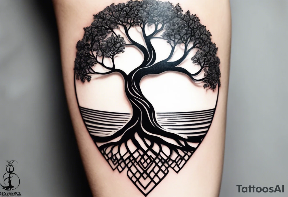 A tattoo of an abstract Tree of Life tattoo to be placed directly on the bicep of a woman. It can wrap around the arm a little. It should have roots growing out of the bottom. The roots slowly turn into water from the Great Wave by Hokusai. A golf flag should be placed discreetly growing out of the ground. 2 license plate tags should be hanging from the tree. Place a few music notes in the areas the leaves should be. The letters A U should be engraving into the tree trunk in a heart. tattoo idea