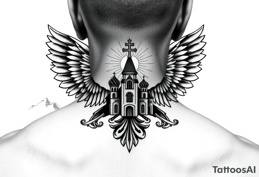 an actual russian coat of arms with both heads visible & wings spanning out on my back neck across on to my shoulders / traps with a orthodox christian church being visible in a mountainous sun beaming setting, with the russian orthodox cross spire of the orthodox church being visible on my neck with a sun beaming in the background that the cross sits inside tattoo idea