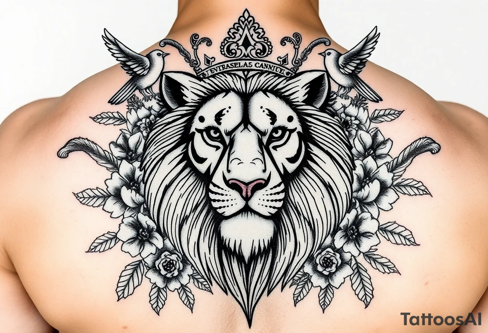 powerful majestic lion with a crown, surrounded by floral ornaments and birds tattoo idea