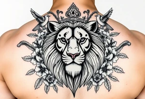 powerful majestic lion with a crown, surrounded by floral ornaments and birds tattoo idea