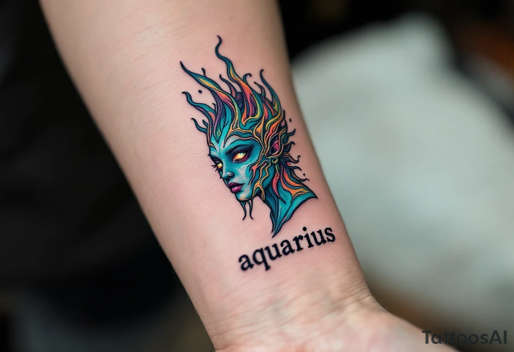 A half-human, half-aquatic being, with gills and bioluminescent skin, with word "aquarius" underneath tattoo idea