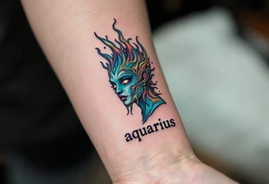 A half-human, half-aquatic being, with gills and bioluminescent skin, with word "aquarius" underneath tattoo idea