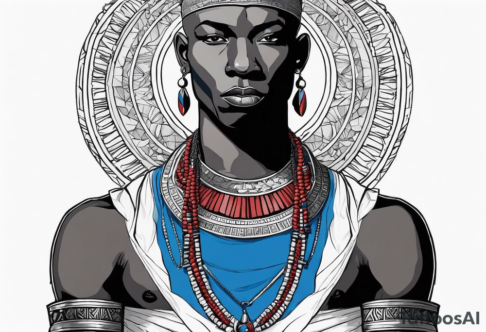 Black-skinned bald african warrior. He wears a simple and small silver crown. He uses blue and red necklaces tattoo idea