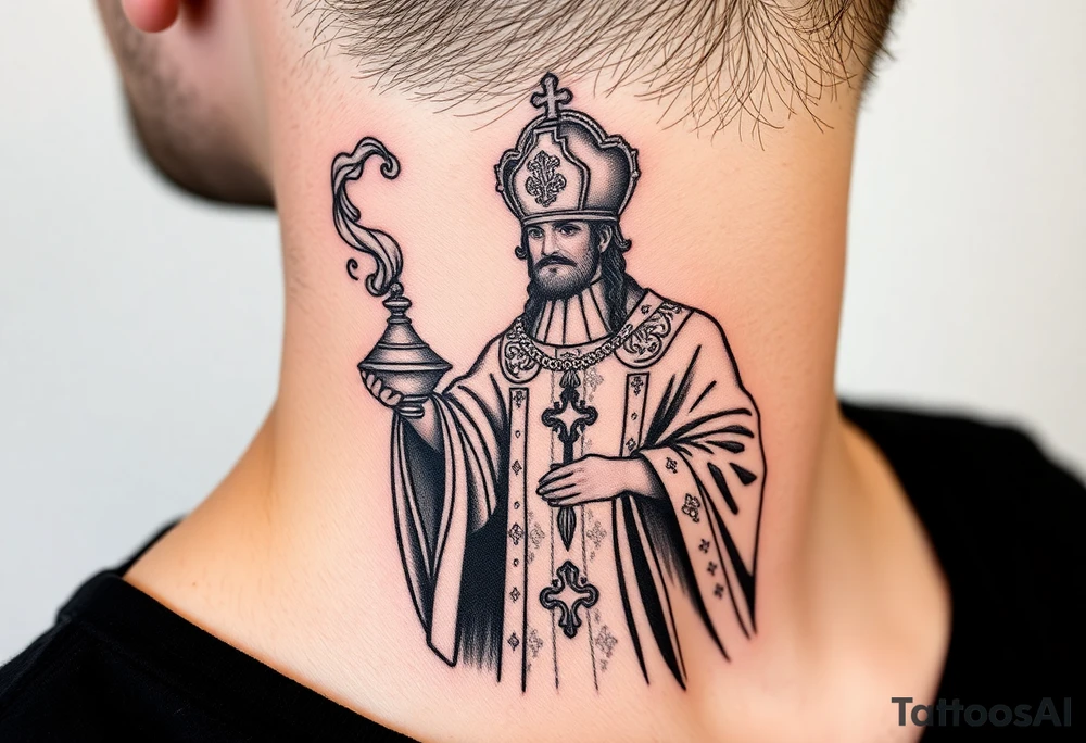 Russian Orthodox Priest in a fully detailed gold vestment swinging a censer with smoke curling upward tattoo idea