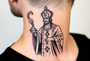 Russian Orthodox Priest in a fully detailed gold vestment swinging a censer with smoke curling upward tattoo idea
