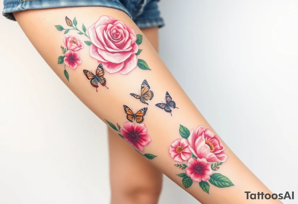 Realistic roses tulips and lilies 
and leaves and butterflies with embellishments that goes down and wraps around the leg tattoo idea