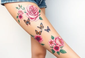 Realistic roses tulips and lilies 
and leaves and butterflies with embellishments that goes down and wraps around the leg tattoo idea