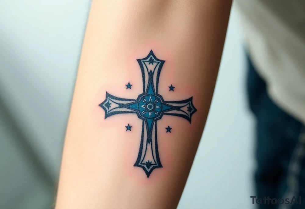 A celestial blue Templar cross with silver constellations in the background, representing divine protection tattoo idea