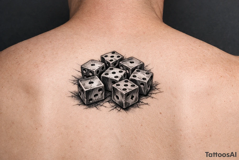 Realistic dice, vibrant colors, scattered on a flat surface. tattoo idea