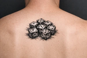 Realistic dice, vibrant colors, scattered on a flat surface. tattoo idea