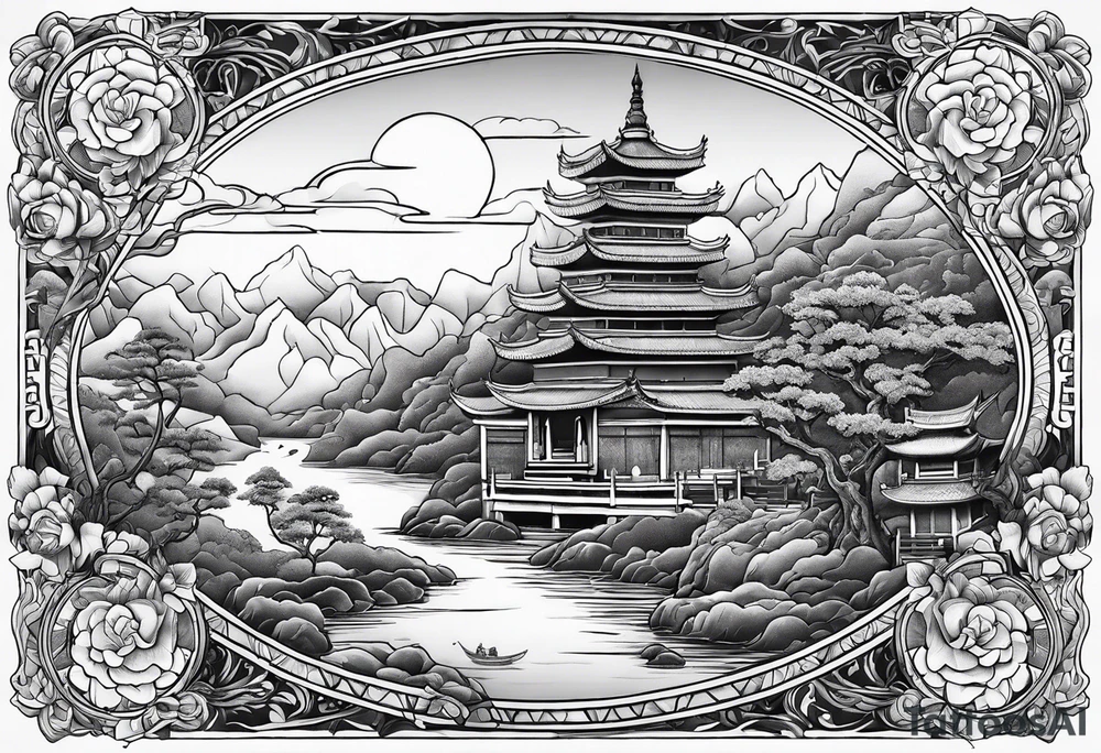 A forearm tattoo with the background as a world map with a small buddhist shrine at the bottom. tattoo idea