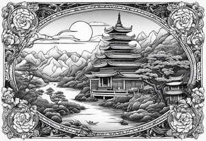 A forearm tattoo with the background as a world map with a small buddhist shrine at the bottom. tattoo idea