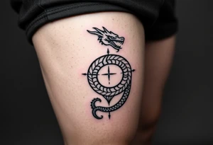 Ouroborous or dragon/serpent/snake eating its own tail in a figure 8 in negative space with geometric patterns on a leg tattoo design tattoo idea