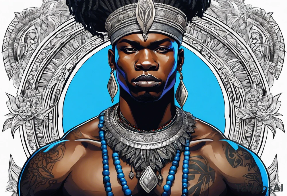 Black-skinned bald african warrior orisha with a simple silver crown. He uses blue necklaces and has a sword tattoo idea