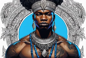 Black-skinned bald african warrior orisha with a simple silver crown. He uses blue necklaces and has a sword tattoo idea