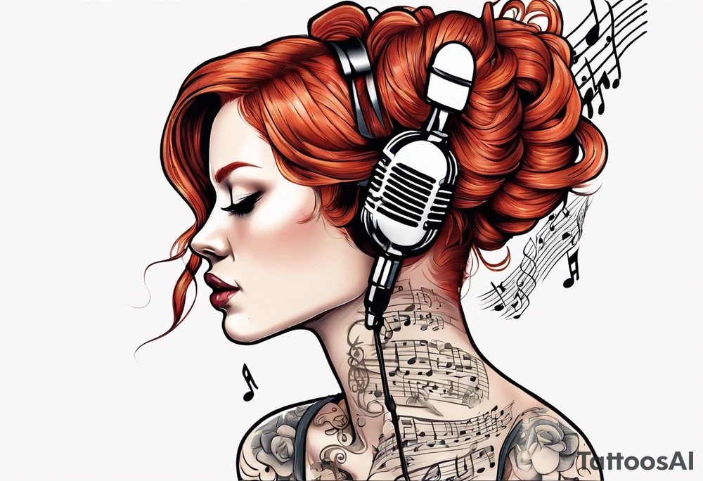 Redhead woman with Music score as her hair and a microphone tattoo idea