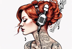 Redhead woman with Music score as her hair and a microphone tattoo idea