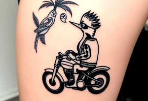Woody the woodpecker wearing a leather vest that says peckerwoods, on a Harley Davidson under a palm tree, gazing in love at a barn owl tattoo idea