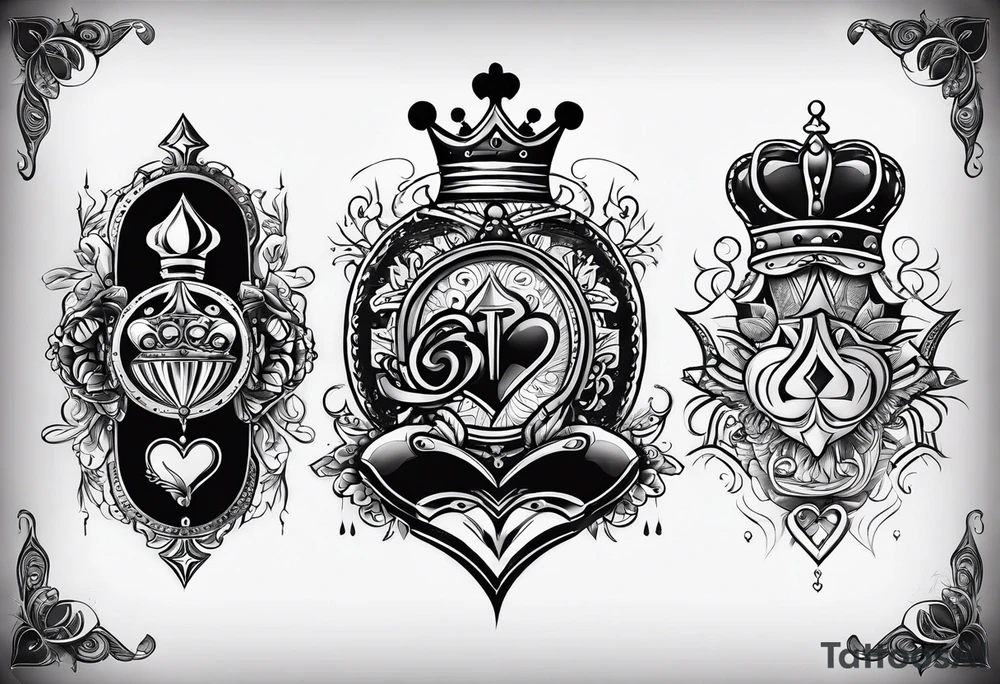 one combined tatto in minimalistic style with three king of spades and one queen of hearts tattoo idea
