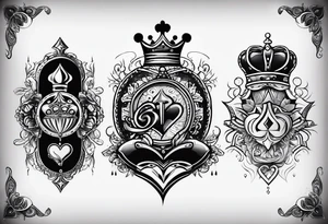 one combined tatto in minimalistic style with three king of spades and one queen of hearts tattoo idea