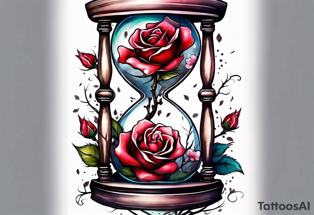Rose on hourglass with sakura tree inside tattoo idea