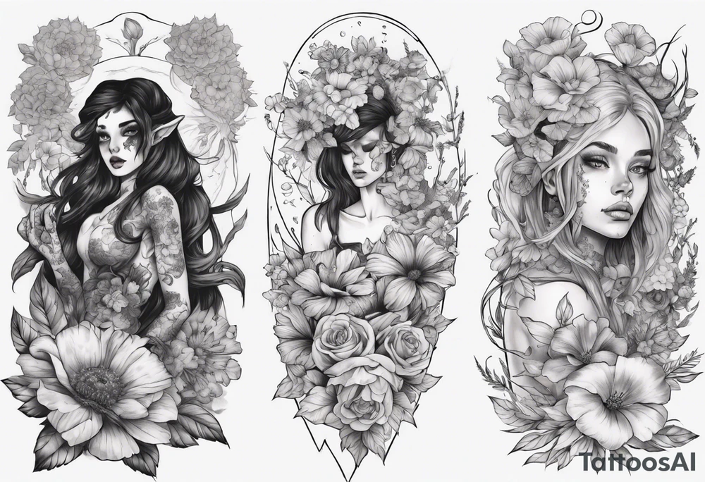 sleeve with many flowers around it and a dark elf girl tattoo idea