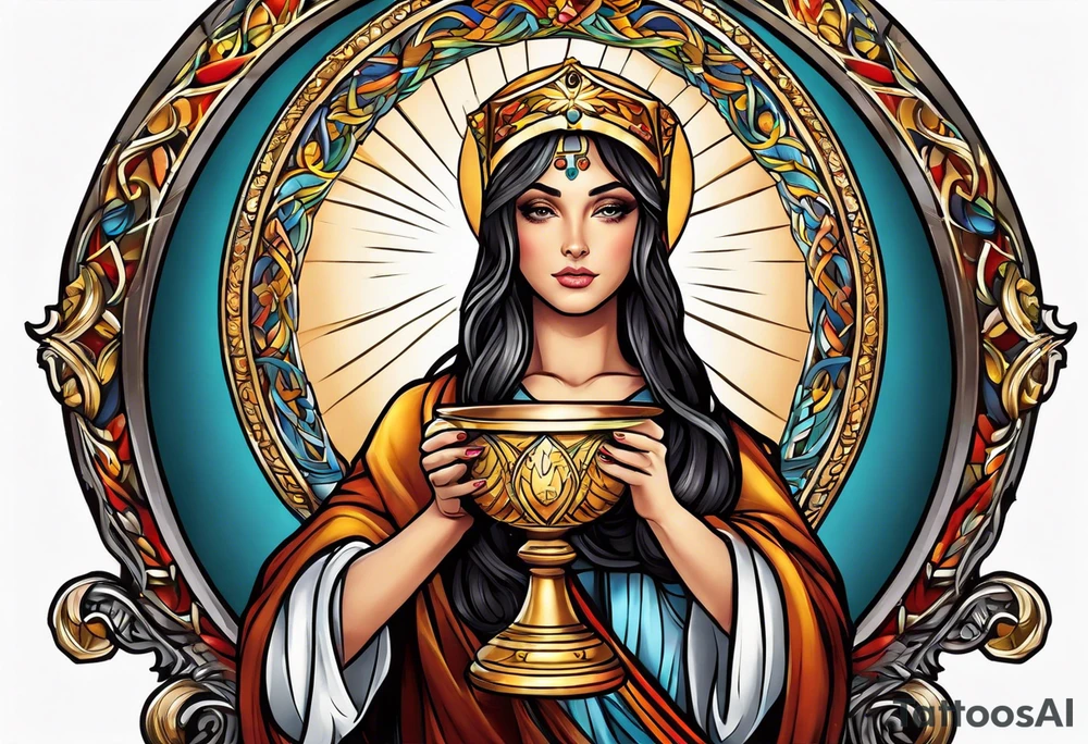 Female saint holding a chalice tattoo idea