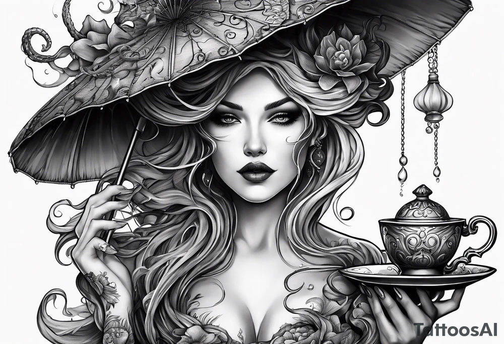a sea witch with tentacles holding a teacup sitting inside a large umbrella tattoo idea