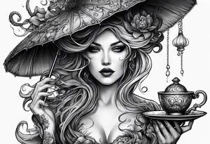 a sea witch with tentacles holding a teacup sitting inside a large umbrella tattoo idea