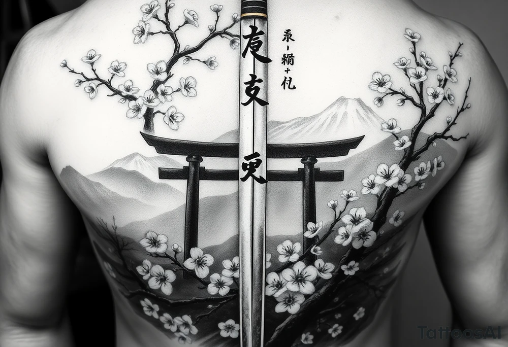 This is a black and gray realism tattoo rooted in discipline, duality, and intention. The centerpiece is a vertical katana, modeled after your original ink, clean and upright like a spine—symbolizing focus, precision, and grounded energy. It’s wrapped in the flowing limbs of a sakura tree, not as an accessory, but as an extension of the blade itself—representing beauty that blooms in adversity. Cherry blossoms aren’t scattered for aesthetics—they move with the wind, some drifting in the foreground, others clinging to the sword like it’s their protector. Behind it all sits a misty torii gate and layered mountains, giving the piece weight, history, and spiritual context. The kanji 平和の剣 (“Sword of Peace”) rides the piece vertically, not slapped on but earned—a message that resonates from the blade outward. The shading is deep and unifying, giving everything one breath, one tone, one story. Nothing floats, nothing competes. The sword doesn’t dominate the art—it becomes the axis around which peace, nature, and power orbit. tattoo idea