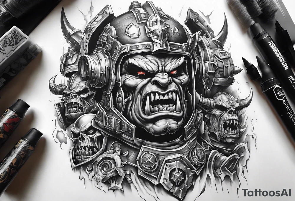 Full sleeve Warhammer orks machine theme tattoo idea