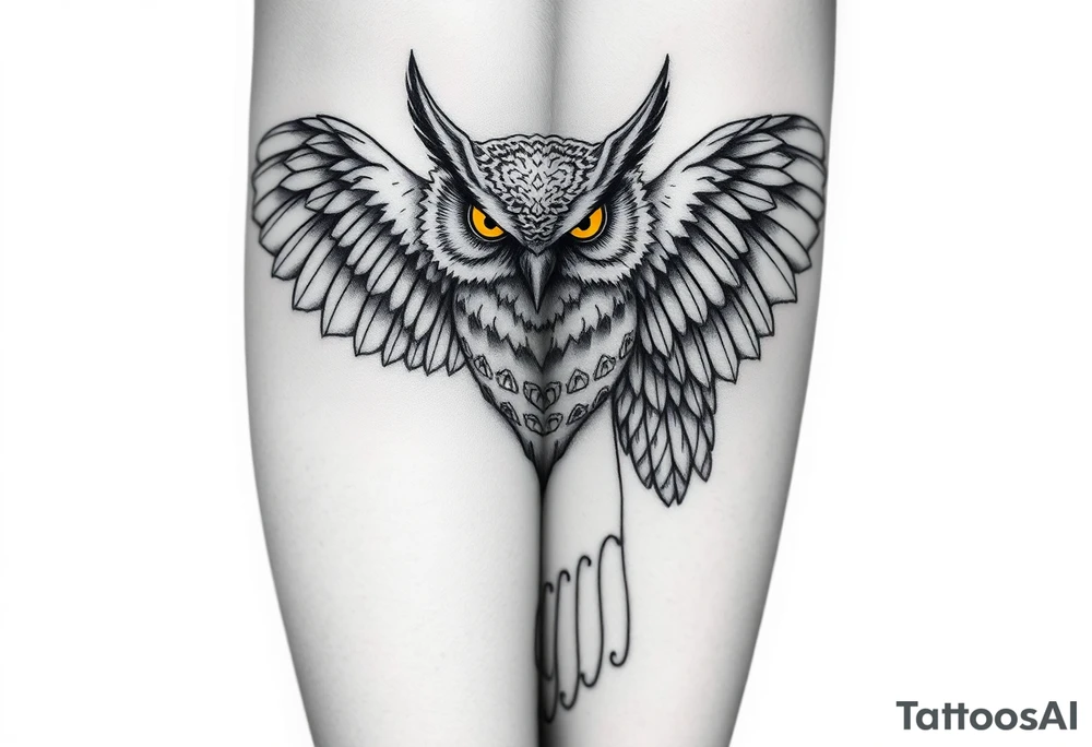 demonic owl with yellow eyes, back of leg, one wing spread wide out and the other wing wrapped inward, face covers back of calf and wing wraps around one side, wing is very large and detailed on one side tattoo idea