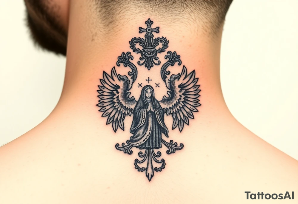 Traditional authentic Russian coat of arms with a Christian orthodox virgin marry in the middle and silhouette in a Russian wilderness Christian orthodoxy village setting tattoo idea