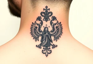 Traditional authentic Russian coat of arms with a Christian orthodox virgin marry in the middle and silhouette in a Russian wilderness Christian orthodoxy village setting tattoo idea